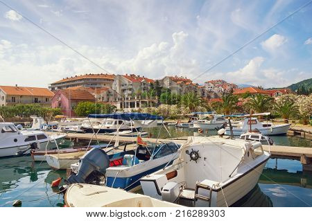 View of Mediterranean town of Tivat (Marina Kalimanj) on a spring day. Montenegro