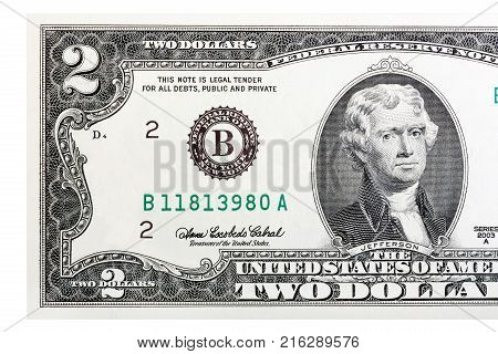 A close-up of a two U.S. dollar bill. Isolated. High resolution photo.