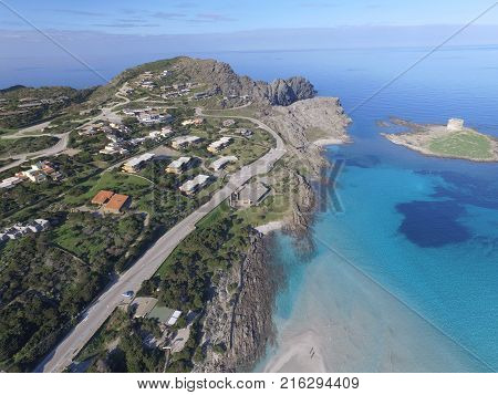 Aerial view the beach in Sardinia crystal clear water Italy