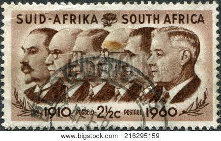 SOUTH AFRICA - CIRCA 1960: A stamp printed in South Africa, is dedicated to the 50th anniversary of the Union of South Africa, show Prime Ministers Botha, Smuts, Hertzog, Malan, Strydom and Verwoerd, circa 1960
