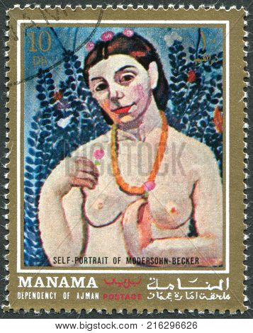 MANANA (AJMAN) - CIRCA 1971: A stamp printed in the Manama, shows the picture of the artist Paula Modersohn-Becker, 