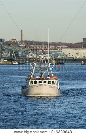 Fairhaven Massachusetts USA - November 30 2017: Fishing vessel Endurance on Acushnet River in Fairhaven