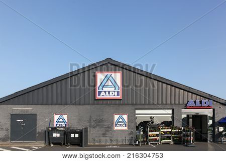 Logstor, Denmark - August 23, 2017: Aldi supermarket. Aldi is a leading global discount supermarket chain with over 10 000 stores in 18 countries