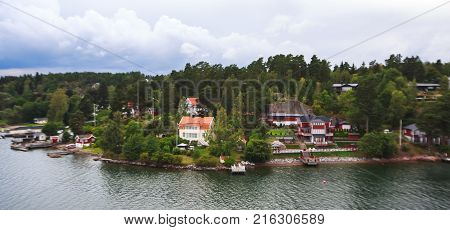 Beautiful Super Wide-angle Panoramic Aerial View Of Stockholm Archipelago, Sweden With Harbor, Seen