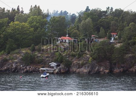 Beautiful Super Wide-angle Panoramic Aerial View Of Stockholm Archipelago, Sweden With Harbor, Seen