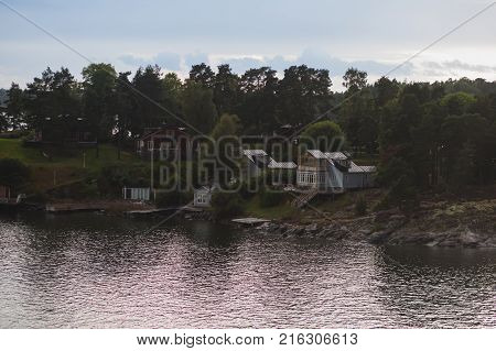 Beautiful Super Wide-angle Panoramic Aerial View Of Stockholm Archipelago, Sweden With Harbor, Seen