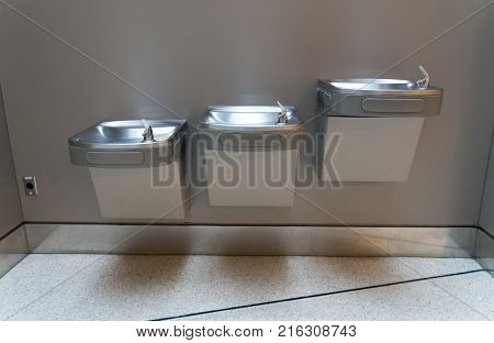 Free Drinking Water Or Drinking Fountain For Traveler In The International Airport. Public Drinking