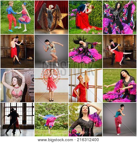 Collage with beautiful happy dancing people - children, men, women (11 models)