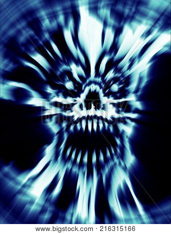 Blue scary monster skull. Illustration in genre of horror. Scary demon face. States of mind.
