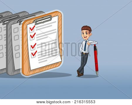 Businessman in shirt cartoon character design leaning a pen with completed checklists on paper, against blue background.