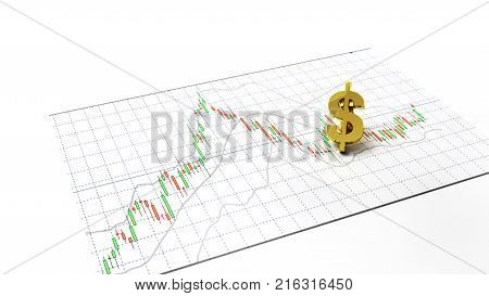 Money symbol gold stock exchange graph candlestick graph stock market currency and financial investor money background investment and money chart indicator copy space minimal concept 3D illustration