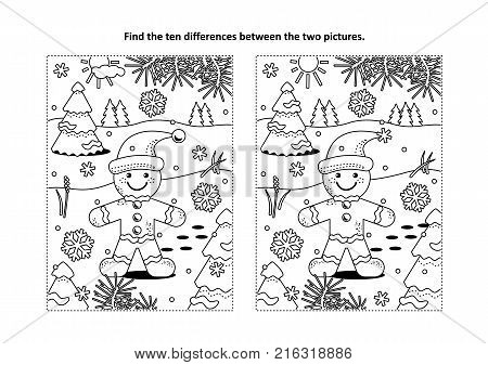 Winter holidays, Christmas or New Year themed find the ten differences picture puzzle and coloring page with ginger man cookie.