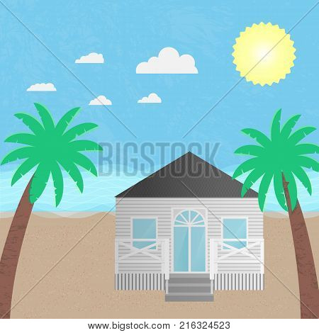 Scene with seaside house sand and palm tree.