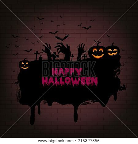 Halloween night background with haunted house, tree, pumpkin and bats. Vector.