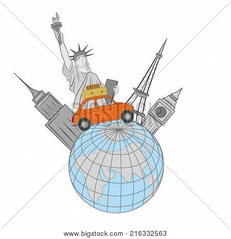 Concept of traveling around the world. World sights on the background of Earth. vector illustration.
