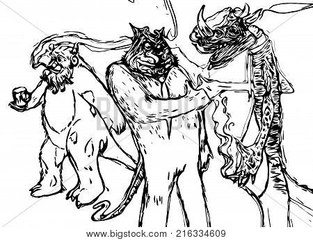 Three monsters at a party having a great time