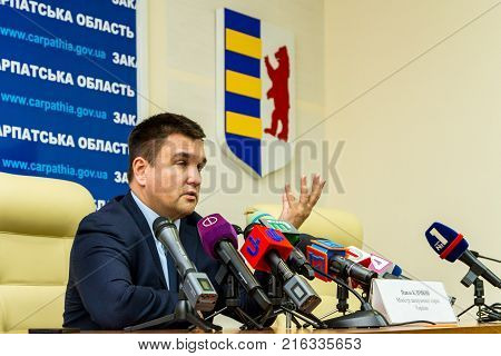 Uzhgorod Ukraine - December 1 2017: Minister of Foreign Affairs of Ukraine Pavel Klimkin answers questions from journalists during a press conference as part of a working visit to Transcarpathia.