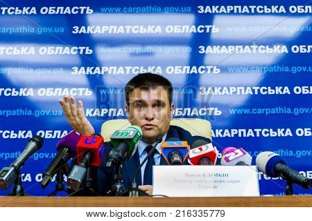 Uzhgorod Ukraine - December 1 2017: Minister of Foreign Affairs of Ukraine Pavel Klimkin answers questions from journalists during a press conference as part of a working visit to Transcarpathia.