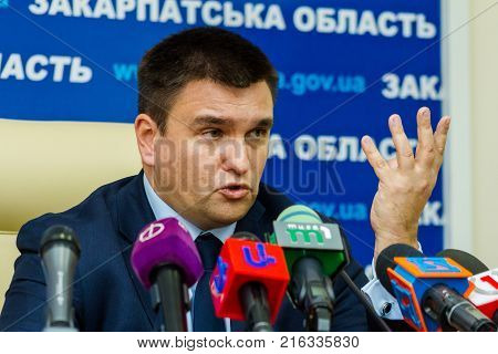 Uzhgorod Ukraine - December 1 2017: Minister of Foreign Affairs of Ukraine Pavel Klimkin answers questions from journalists during a press conference as part of a working visit to Transcarpathia.