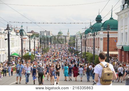Omsk Russia - August 5 2017: Lenin Street in the city of Omsk on the day of celebration of the 301th anniversary of the city