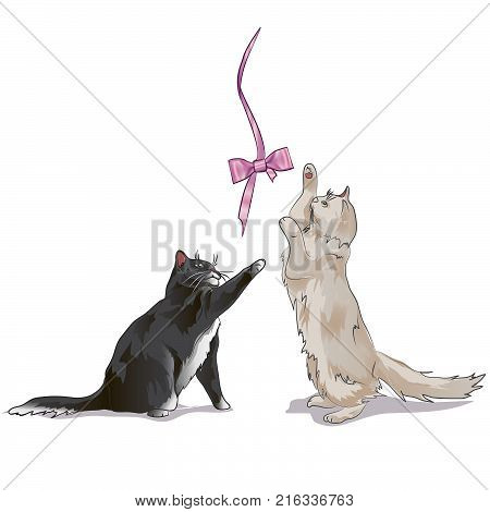 cute cartoon cat playing with bow. kittens looking up to bow on rope. Cute cartoon funny character. Playing animal set. Adopt me.