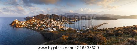 Morning view of Psara village and Agios Nikolaos church.