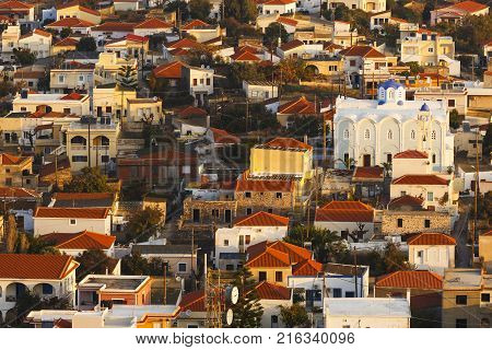 PSARA, GREECE - NOVEMBER 9, 2017: Morning view of Psara village on Psara island on November 9, 2017.