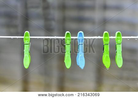 conceptual image of a dull rainy day with wet peg and rain drops in the yard bokeh background to accomated text overlay and copy space