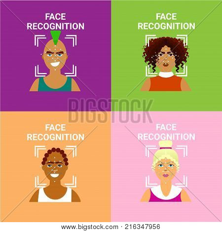 Set Of Face Recognition Icons, Biometric Scanning Of Male And Female Users Modern Identification Technology Vector Illustration