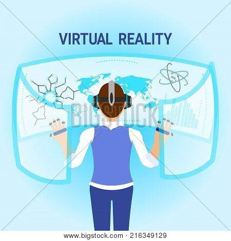 Woman In Virtual Reality Wearing Vr Glasses Use Digitall Interface Modern Optical Technology Concept Vector Illustration
