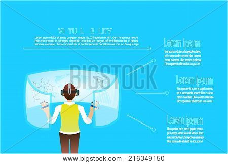 Woman In Virtual Reality Wearing Vr Glasses Use Digitall Interface Modern Technology Concept Vector Illustration
