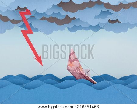 Euro boat in storm. Money ship is sinking into paper sea.