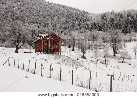flagged wooden house in white winter black winter