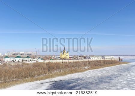 Nizhny Novgorod, Russia. - March 14.2017. The Cathedral of Alexander Nevsky. View with spring ice on the Oka in the foreground from the Kanavinsky Bridge.