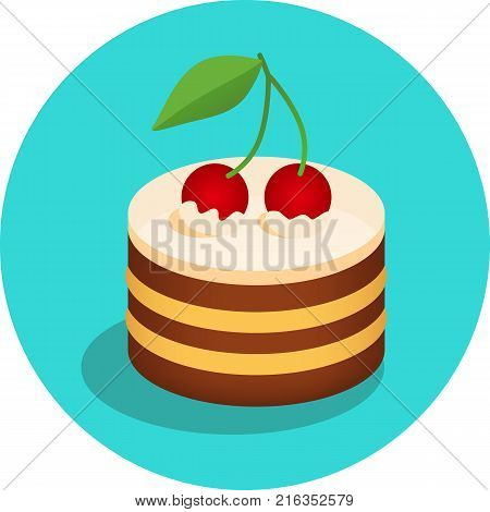 Icon of a cherry pie in a blue circle. Vector cartoon illustration