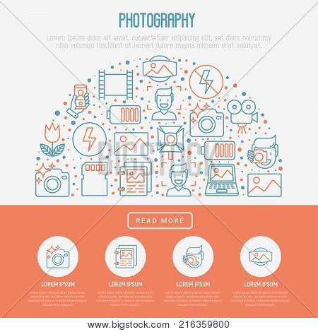 Photography concept in circle with thin line icons of photographer, film, crop, flash, focus, light, panorama. Vector illustration for banner, web page, print media.