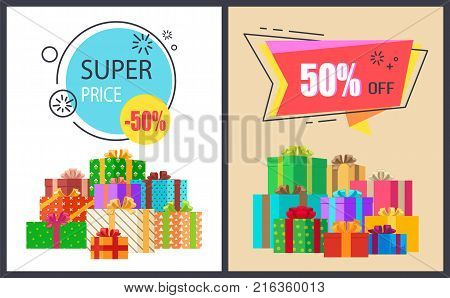 Super price fifty percent off promo posters with packed gift boxes, advertisement posters informing about discounts half from first cost, vector