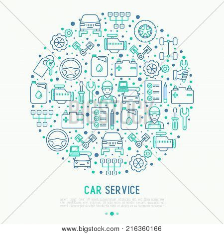 Car service concept in circle with thin line icons of mechanic, computer diagnostics, tools, wheel, battery, transmission, jack. Modern vector illustration for banner, web page, print media.