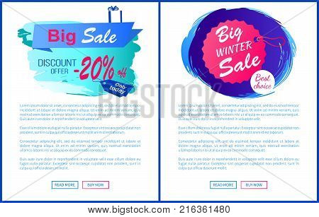 Big winter sale discount 20 offer best choice hanging label on thread isolated on blue brush strokes vector posters design with web online buttons