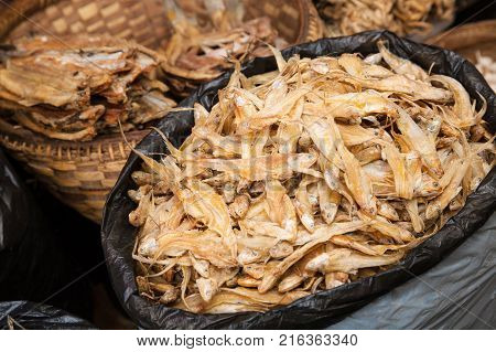 Some bags of dried fish on a market on the Inle Lake of Myanmar Southeast Asia