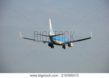 Amsterdam the Netherlands - May 6th 2016: PH-BGU KLM Royal Dutch Airlines Boeing 737 approaching Schiphol Zwanenburg runway arriving from Warsaw Poland