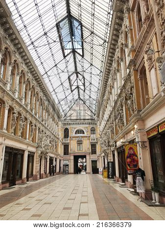 Odessa Ukraine - November 17 2017: Deribasovskaya Street Big Moscow Hotel. Deribasovskaya Street Is 