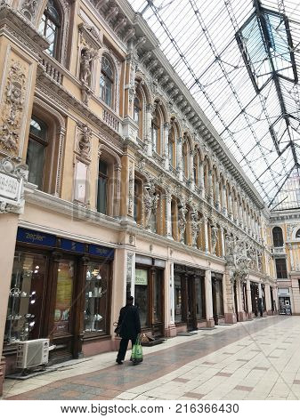 Odessa Ukraine - November 17 2017: Deribasovskaya Street Big Moscow Hotel. Deribasovskaya Street Is 