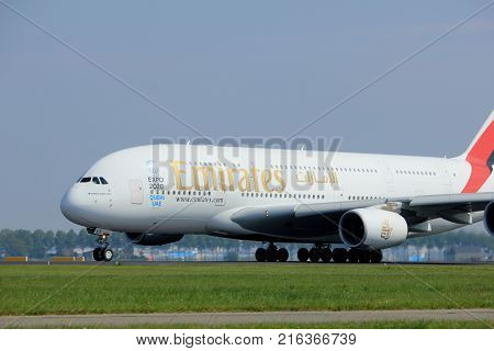 Amsterdam the Netherlands - May 6th 2017: A6-EEX Emirates Airbus A380-800 takeoff from Polderbaan runway Amsterdam Schiphol Airport