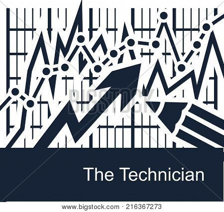 Abstract vector illustration on white background of an economic technician. A graph demonstrating financial flows and capital growth and a pencil icon is a symbolic designation of the skills and knowledge of technical specialists in the economy