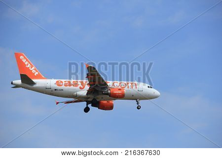 Amsterdam the Netherlands - July 21st 2016: G-EZIN easyJet Airbus A319-111 approaching Polderbaan runway at Schiphol Amsterdam Airport arriving from Glasgow Scotland