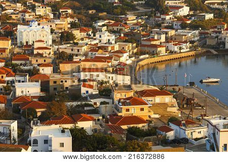 PSARA, GREECE - NOVEMBER 9, 2017: Morning view of Psara village on Psara island on November 9, 2017.