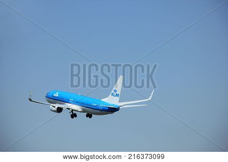 Amsterdam The Netherlands - June 12 2015: PH-BCE KLM Royal Dutch Airlines Boeing 737-800 takes of from Amsterdam Airport Polderbaan runway.