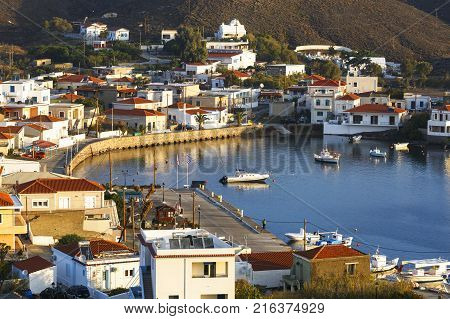 PSARA, GREECE - NOVEMBER 9, 2017: Morning view of Psara village on Psara island on November 9, 2017.