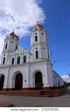 White church in the colonial town of Playa de Belen, in Colombia